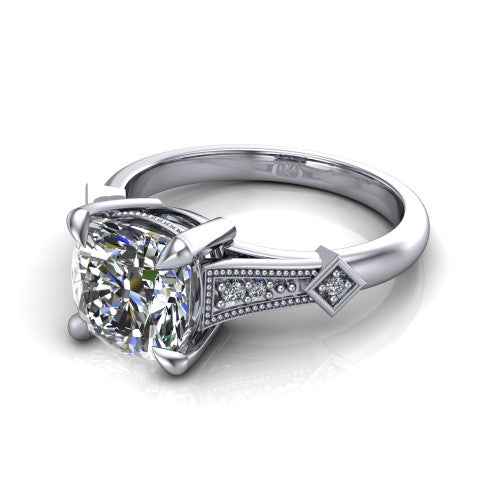 Emerson cushion solitaire engagement ring in 14K White Gold, three-quarter perspective showing the cushion center diamond and kite-set accents on the milgrain band