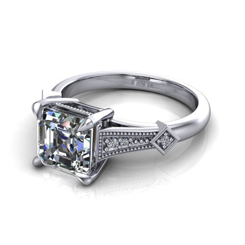 Emerson square emerald-cut solitaire engagement ring in 14K White Gold, three-quarter perspective showing the square emerald-cut center diamond and kite-set accents on the milgrain band