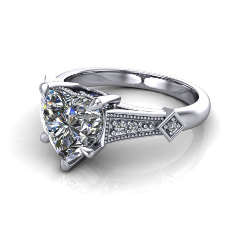 Emerson heart solitaire engagement ring in 18K White Gold, three-quarter perspective showing the heart center diamond and kite-set accents on the milgrain band