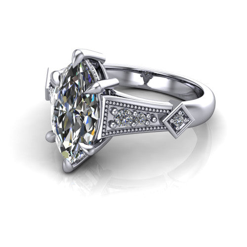 Emerson marquise solitaire engagement ring in 14K White Gold, three-quarter perspective showing the marquise center diamond and kite-set accents on the milgrain band
