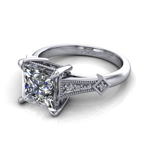Emerson princess-cut solitaire engagement ring in 18K White Gold, three-quarter perspective showing the princess-cut center diamond and kite-set accents on the milgrain band