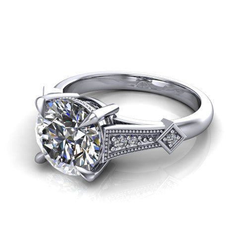 Emerson round solitaire engagement ring in 14K White Gold, three-quarter perspective showing the round center diamond and kite-set accents on the milgrain band