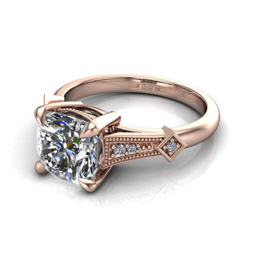 Emerson cushion solitaire engagement ring in 18K Rose Gold, three-quarter perspective showing the cushion center diamond and kite-set accents on the milgrain band