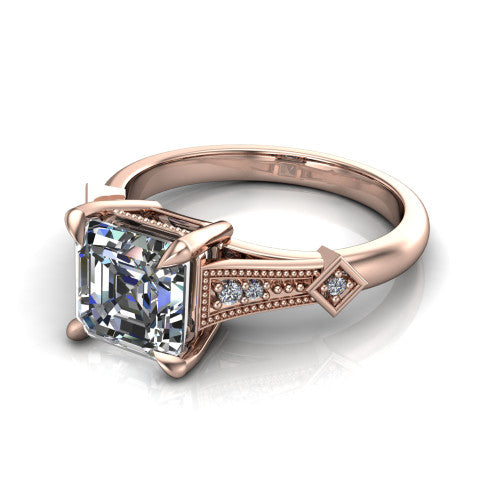 Emerson square emerald-cut solitaire engagement ring in 18K Rose Gold, three-quarter perspective showing the square emerald-cut center diamond and kite-set accents on the milgrain band