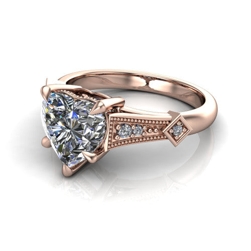 Emerson heart solitaire engagement ring in 18K Rose Gold, three-quarter perspective showing the heart center diamond and kite-set accents on the milgrain band