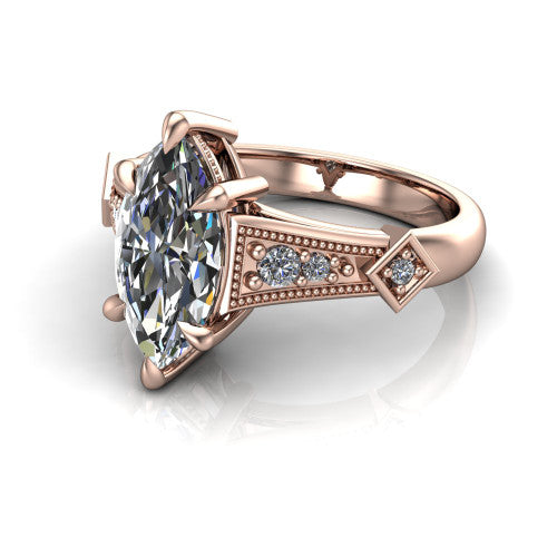 Emerson marquise solitaire engagement ring in 18K Rose Gold, three-quarter perspective showing the marquise center diamond and kite-set accents on the milgrain band