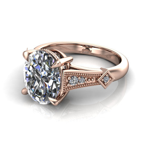 Emerson oval solitaire engagement ring in 18K Rose Gold, three-quarter perspective showing the oval center diamond and kite-set accents on the milgrain band