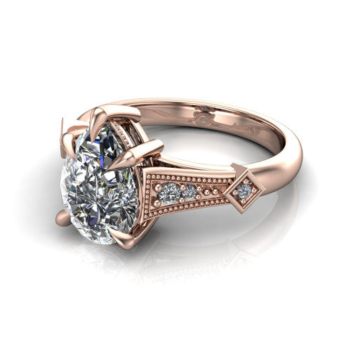 Emerson pear solitaire engagement ring in 14K Rose Gold, three-quarter perspective showing the pear center diamond and kite-set accents on the milgrain band