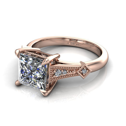 Emerson princess-cut solitaire engagement ring in 14K Rose Gold, three-quarter perspective showing the princess-cut center diamond and kite-set accents on the milgrain band