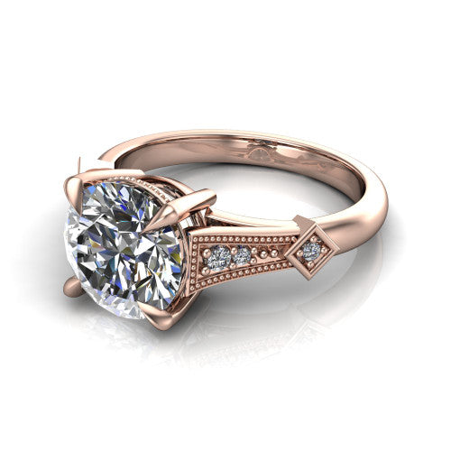 Emerson round solitaire engagement ring in 14K Rose Gold, three-quarter perspective showing the round center diamond and kite-set accents on the milgrain band