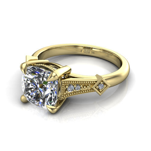 Emerson cushion solitaire engagement ring in 18K Yellow Gold, three-quarter perspective showing the cushion center diamond and kite-set accents on the milgrain band