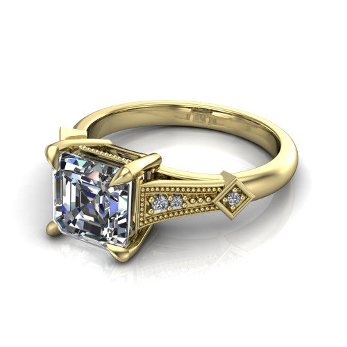 Emerson square emerald-cut solitaire engagement ring in 14K Yellow Gold, three-quarter perspective showing the square emerald-cut center diamond and kite-set accents on the milgrain band