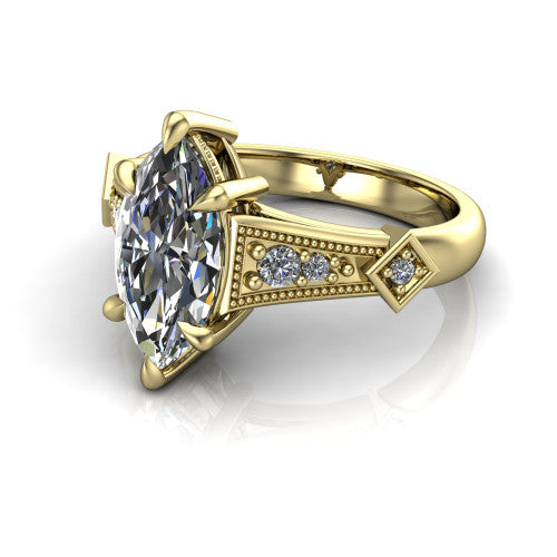Emerson marquise solitaire engagement ring in 18K Yellow Gold, three-quarter perspective showing the marquise center diamond and kite-set accents on the milgrain band