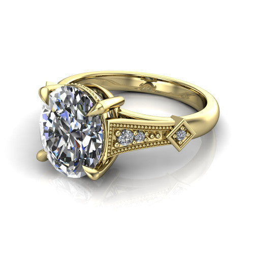 Emerson oval solitaire engagement ring in 14K Yellow Gold, three-quarter perspective showing the oval center diamond and kite-set accents on the milgrain band