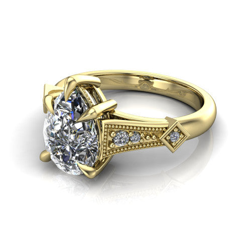 Emerson pear solitaire engagement ring in 14K Yellow Gold, three-quarter perspective showing the pear center diamond and kite-set accents on the milgrain band