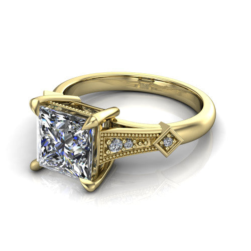 Emerson princess-cut solitaire engagement ring in 14K Yellow Gold, three-quarter perspective showing the princess-cut center diamond and kite-set accents on the milgrain band