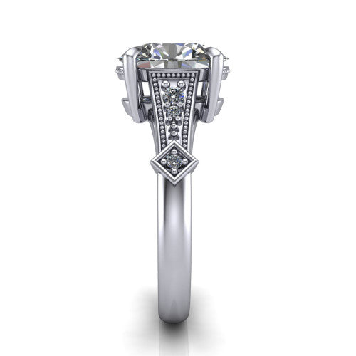 Emerson oval solitaire engagement ring in 14K White Gold, side profile showing the milgrain band, kite accents, and tapered profile in side view