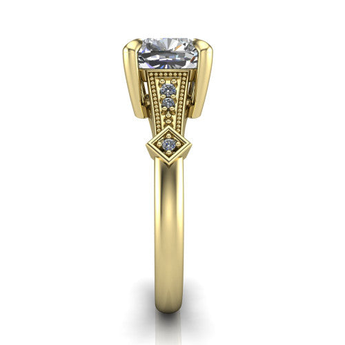 Emerson cushion solitaire engagement ring in 14K Yellow Gold, side profile showing the milgrain band, kite accents, and tapered profile in side view