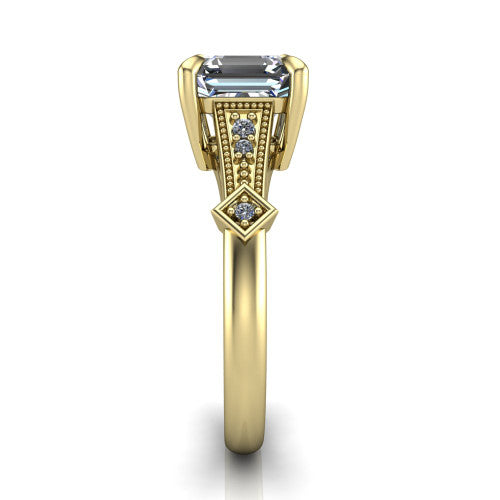 Emerson square emerald-cut solitaire engagement ring in 14K Yellow Gold, side profile showing the milgrain band, kite accents, and tapered profile in side view