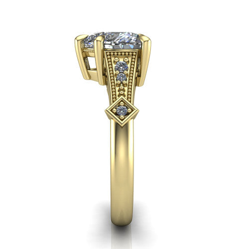 Emerson heart solitaire engagement ring in 18K Yellow Gold, side profile showing the milgrain band, kite accents, and tapered profile in side view