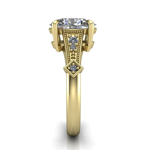 Emerson oval solitaire engagement ring in 18K Yellow Gold, side profile showing the milgrain band, kite accents, and tapered profile in side view