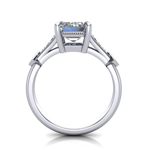 Emerson emerald-cut solitaire engagement ring in Platinum, through-finger front profile showing the open under-gallery and kite accents from the front