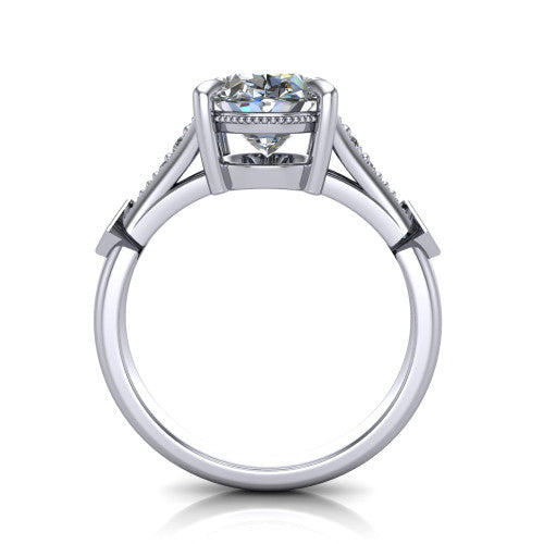 Emerson oval solitaire engagement ring in 18K White Gold, through-finger front profile showing the open under-gallery and kite accents from the front