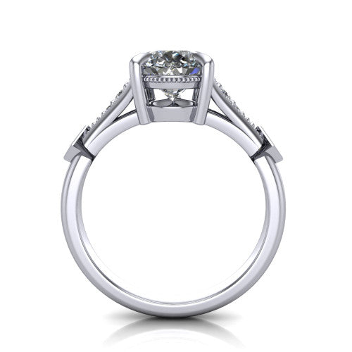 Emerson pear solitaire engagement ring in 18K White Gold, through-finger front profile showing the open under-gallery and kite accents from the front