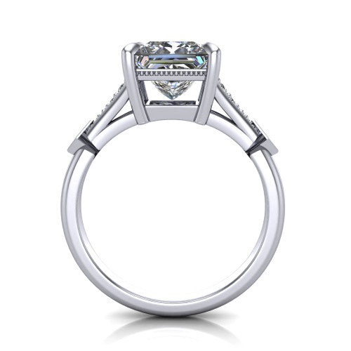 Emerson princess-cut solitaire engagement ring in Platinum, through-finger front profile showing the open under-gallery and kite accents from the front
