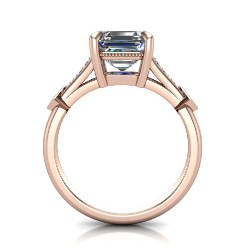 Emerson square emerald-cut solitaire engagement ring in 14K Rose Gold, through-finger front profile showing the open under-gallery and kite accents from the front