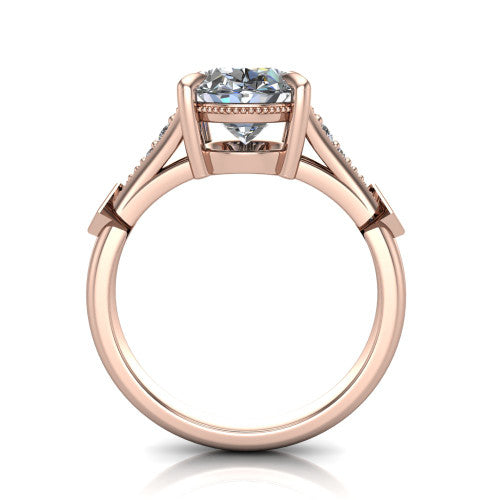 Emerson oval solitaire engagement ring in 14K Rose Gold, through-finger front profile showing the open under-gallery and kite accents from the front