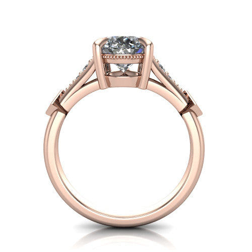 Emerson pear solitaire engagement ring in 18K Rose Gold, through-finger front profile showing the open under-gallery and kite accents from the front