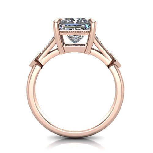 Emerson princess-cut solitaire engagement ring in 14K Rose Gold, through-finger front profile showing the open under-gallery and kite accents from the front