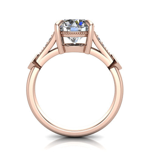 Emerson round solitaire engagement ring in 18K Rose Gold, through-finger front profile showing the open under-gallery and kite accents from the front