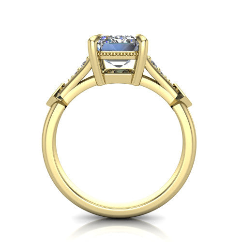 Emerson emerald-cut solitaire engagement ring in 14K Yellow Gold, through-finger front profile showing the open under-gallery and kite accents from the front