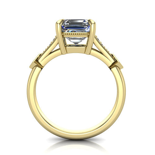 Emerson square emerald-cut solitaire engagement ring in 18K Yellow Gold, through-finger front profile showing the open under-gallery and kite accents from the front