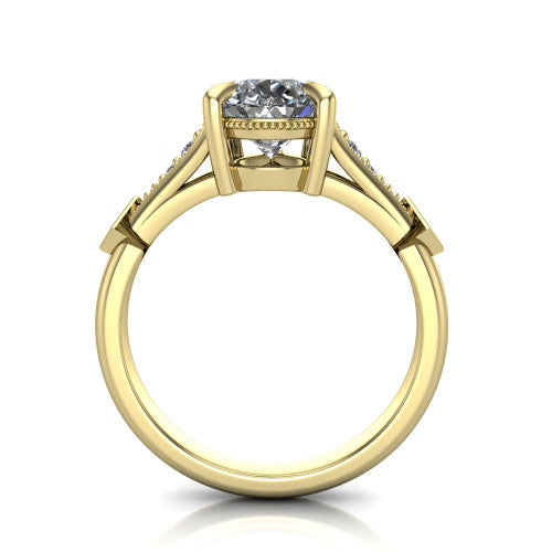 Emerson pear solitaire engagement ring in 14K Yellow Gold, through-finger front profile showing the open under-gallery and kite accents from the front