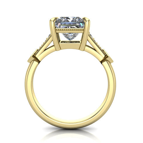 Emerson princess-cut solitaire engagement ring in 18K Yellow Gold, through-finger front profile showing the open under-gallery and kite accents from the front