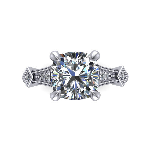 Emerson cushion solitaire engagement ring in Platinum, top-down view showing the cushion center diamond from above in its four-prong head