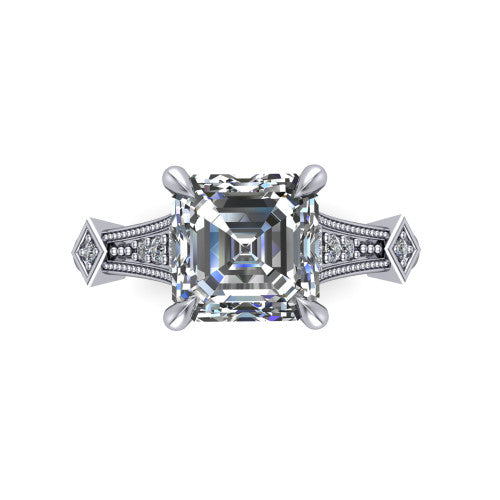 Emerson square emerald-cut solitaire engagement ring in Platinum, top-down view showing the square emerald-cut center diamond from above in its four-prong head