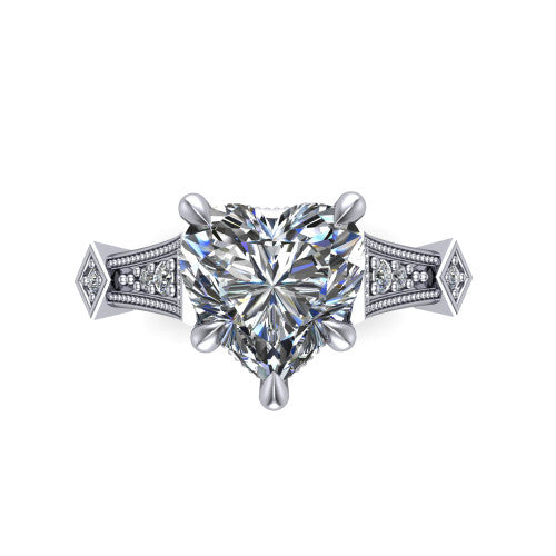 Emerson heart solitaire engagement ring in Platinum, top-down view showing the heart center diamond from above in its four-prong head