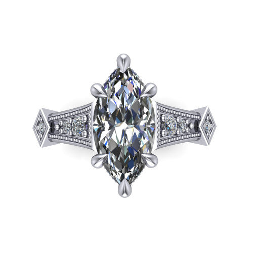 Emerson marquise solitaire engagement ring in 14K White Gold, top-down view showing the marquise center diamond from above in its four-prong head