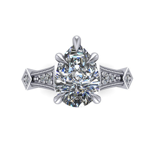 Emerson pear solitaire engagement ring in 18K White Gold, top-down view showing the pear center diamond from above in its four-prong head