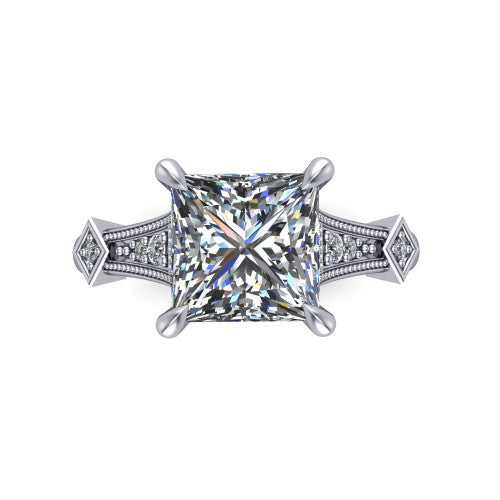 Emerson princess-cut solitaire engagement ring in 18K White Gold, top-down view showing the princess-cut center diamond from above in its four-prong head