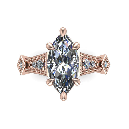 Emerson marquise solitaire engagement ring in 18K Rose Gold, top-down view showing the marquise center diamond from above in its four-prong head