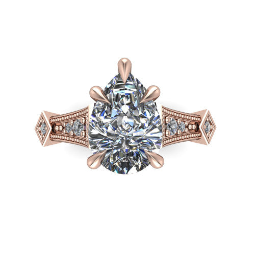 Emerson pear solitaire engagement ring in 14K Rose Gold, top-down view showing the pear center diamond from above in its four-prong head