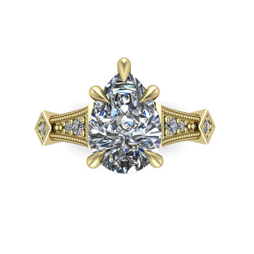 Emerson pear solitaire engagement ring in 18K Yellow Gold, top-down view showing the pear center diamond from above in its four-prong head