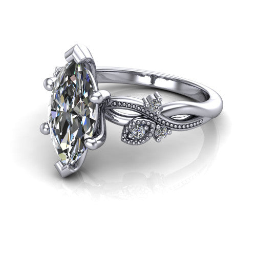 Ashley marquise solitaire engagement ring in 14K White Gold, three-quarter perspective showing the marquise center diamond above a milgrain leaf-and-vine band