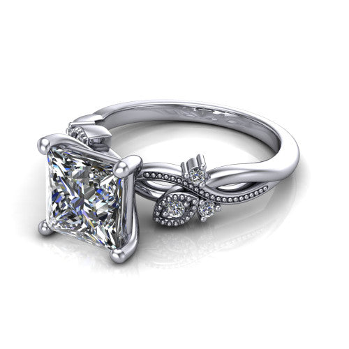 Ashley princess-cut solitaire engagement ring in 14K White Gold, three-quarter perspective showing the princess-cut center diamond above a milgrain leaf-and-vine band