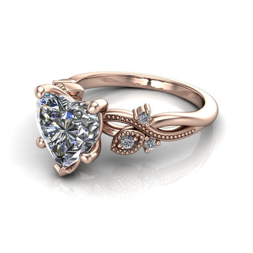 Ashley heart solitaire engagement ring in 14K Rose Gold, three-quarter perspective showing the heart center diamond above a milgrain leaf-and-vine band